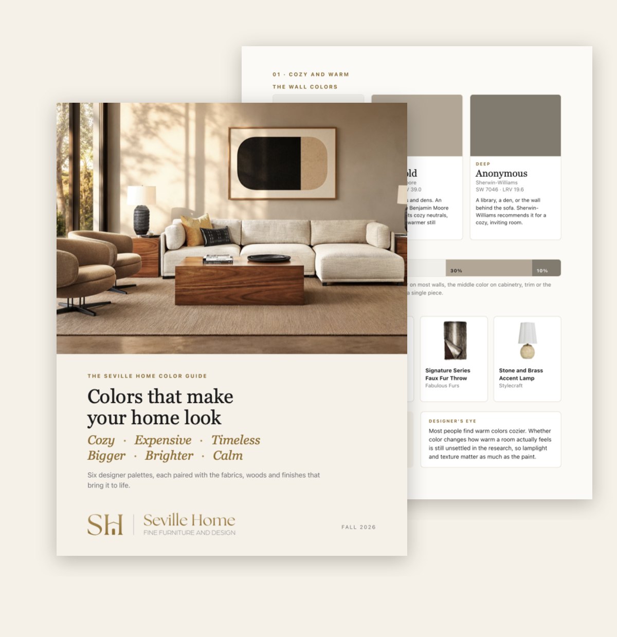 The cover of the Seville Home Color Guide in front of the Cozy and Warm palette page