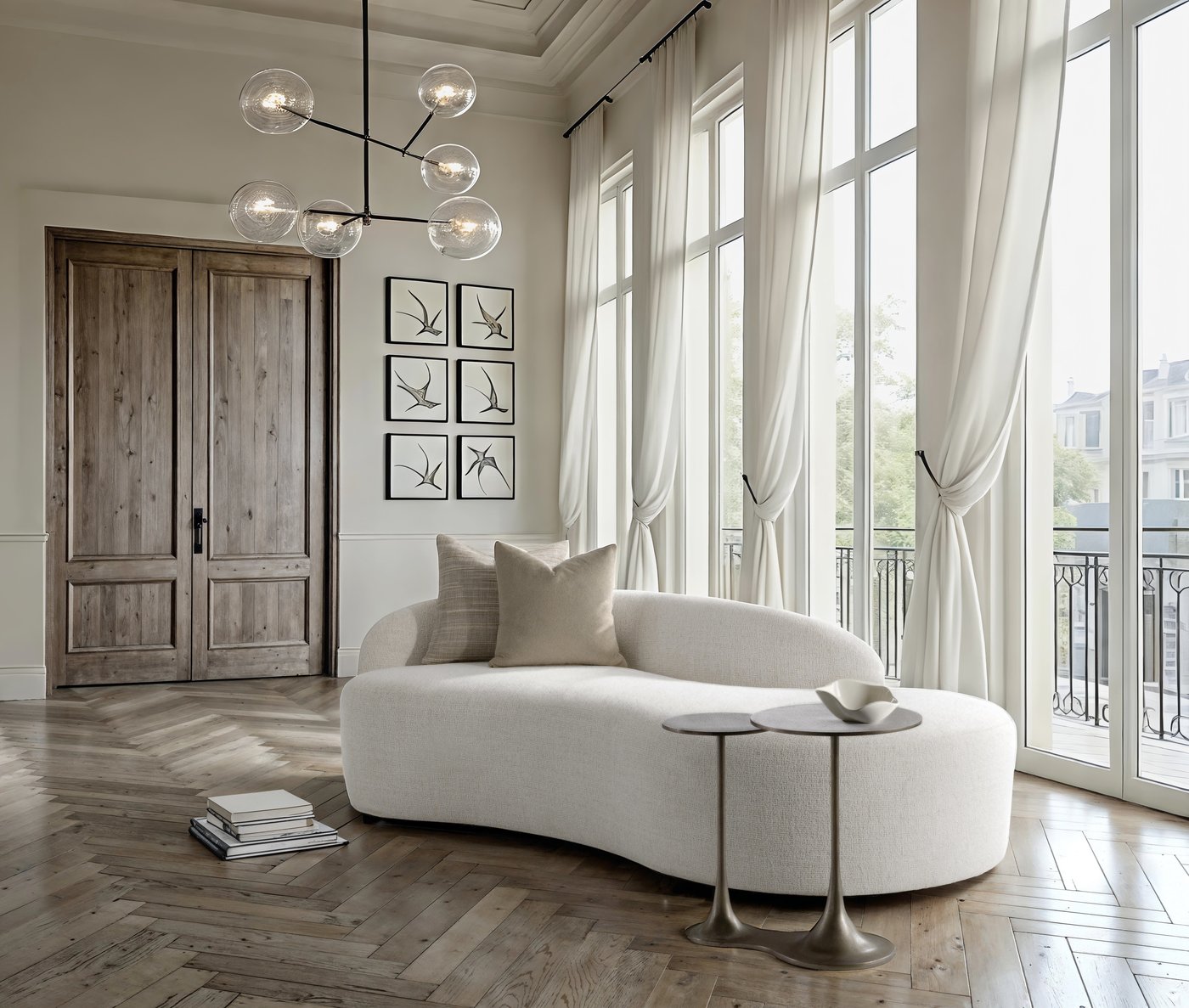 A cream curved Bernhardt Ava sofa floated on a herringbone wood floor in front of tall windows and sheer drapery, with two bronze pedestal tables at its open end.