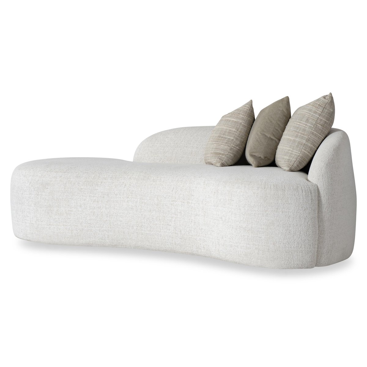 The Bernhardt Ava right-arm sofa: a low, serpentine curved sofa in a pale textured fabric with one sculpted arm, an open end, and three throw pillows.