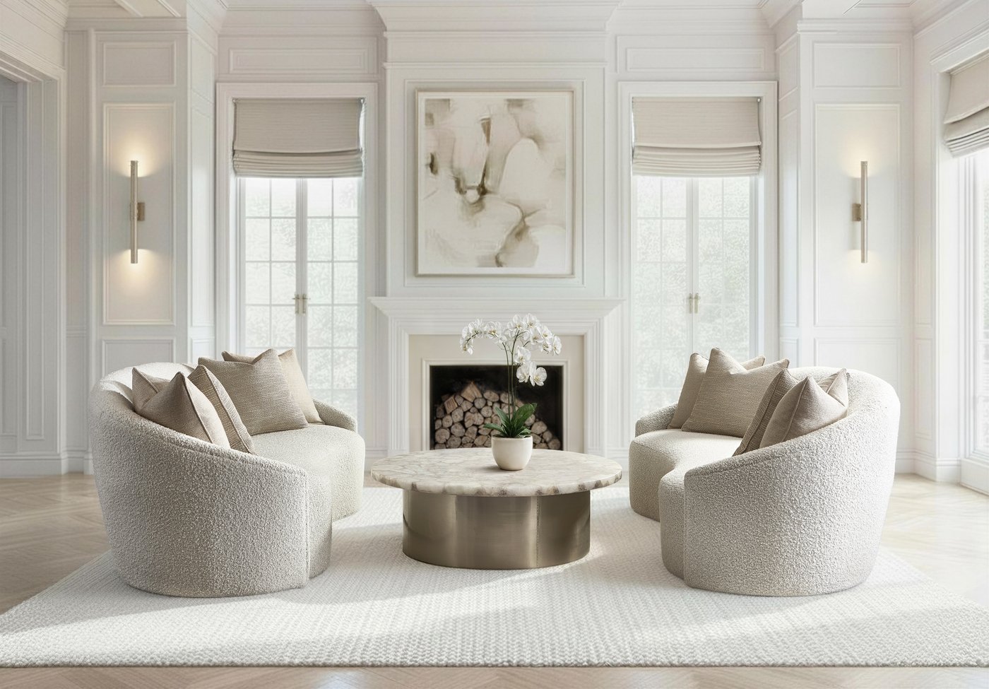 Two Bernhardt Lumen sofas in ivory bouclé facing each other across a round stone-topped cocktail table, floated on a cream rug in a white paneled living room with a fireplace.