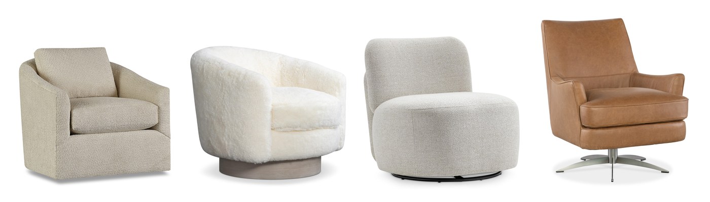 Four swivel chairs side by side: a cream barrel chair upholstered to the floor, a white shearling chair on a round wood plinth, a gray chair on a low black metal disc, and a tan upholstered chair on a spoked metal base.