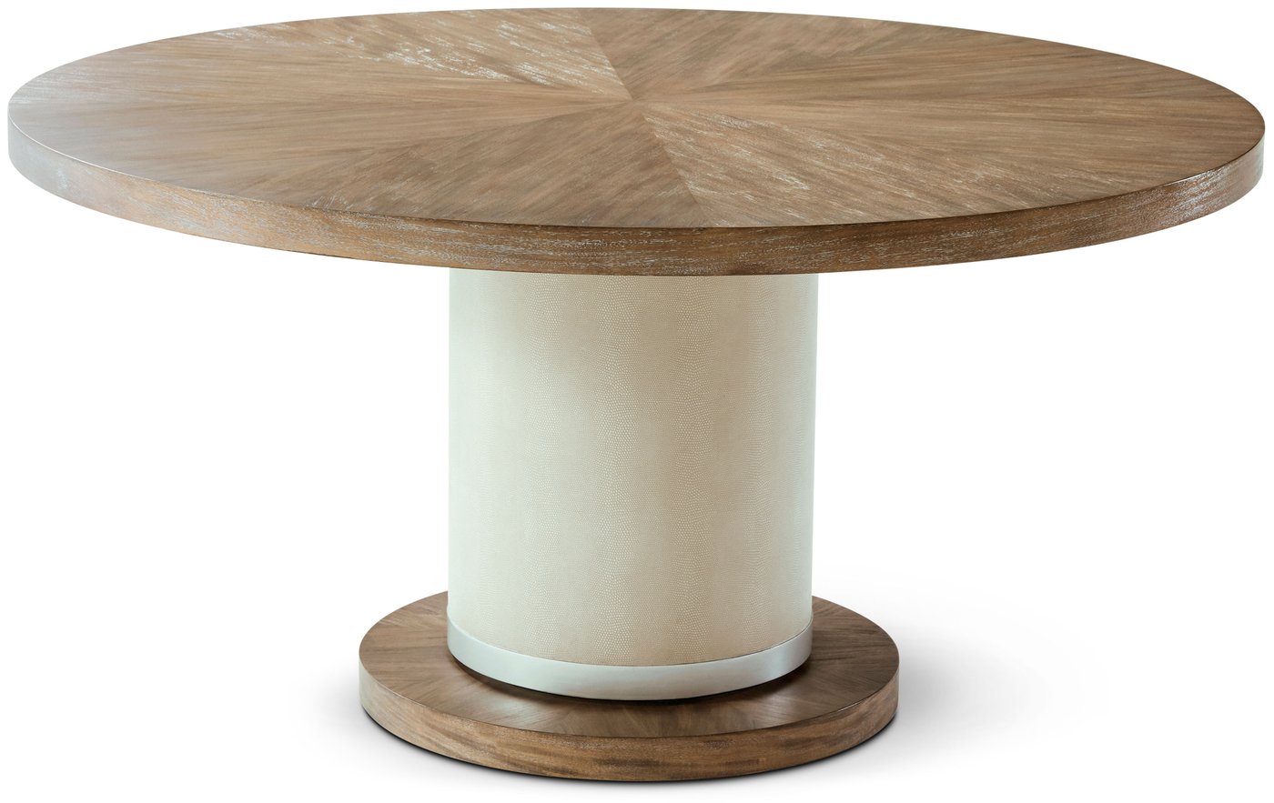 The Theodore Alexander Sabon round dining table: a 60-inch primavera wood top on a single leather-wrapped column and round wood platform.