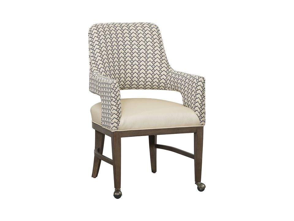 Fairfield Josie dining arm chair with an upholstered seat and casters on the front legs