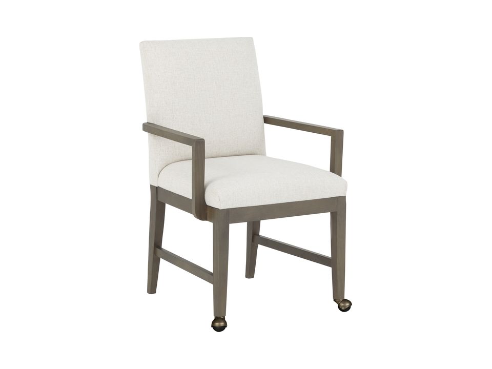 Fairfield Nova dining arm chair with open wood arms and casters on the front legs