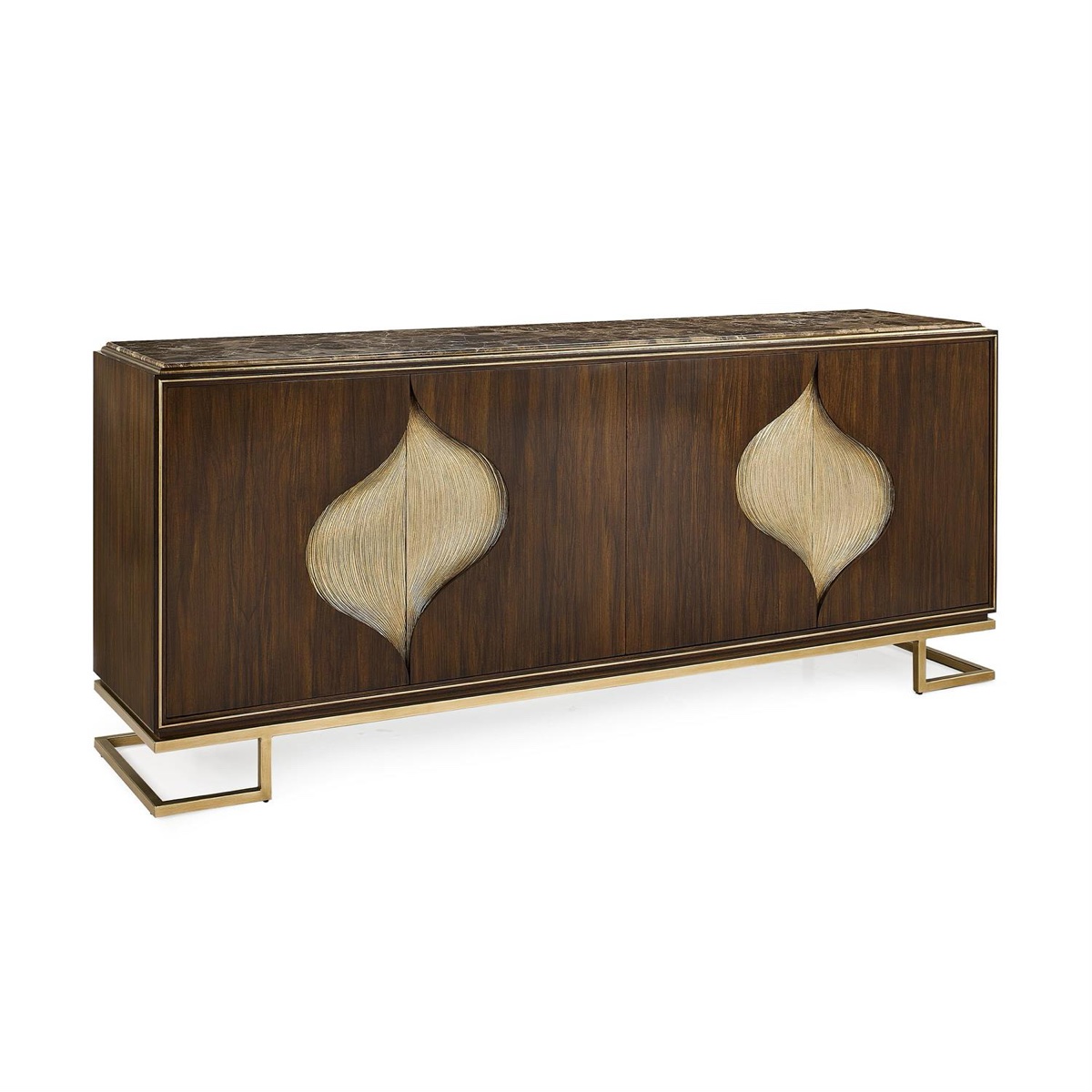 The Ember four-door credenza by John-Richard: walnut doors with gilded medallions, a marble top, and an open brass base.