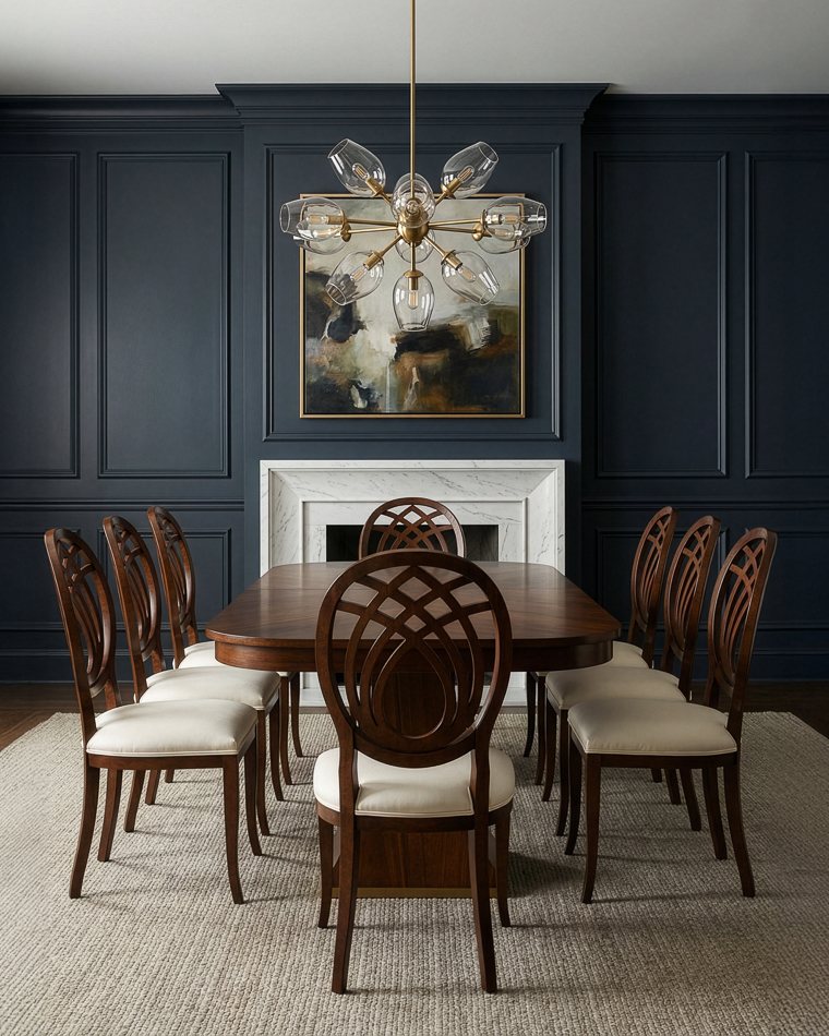 A walnut jupe table with rounded corners, closed and set with eight oval-back dining chairs in a navy-paneled dining room beneath a brass and glass chandelier.