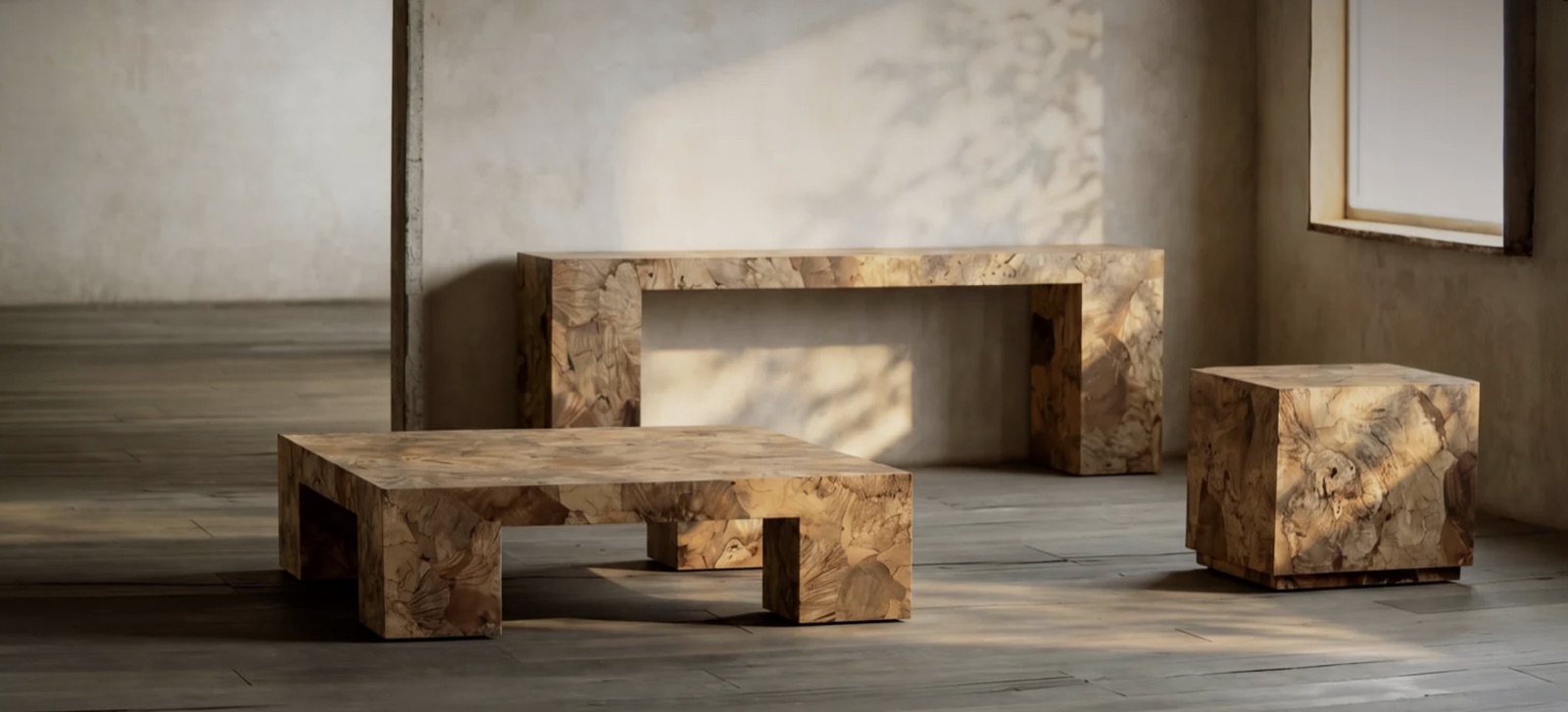 A Taracea console, coffee table, and cube side table in patchwork burl, the figured grain wrapping every surface.